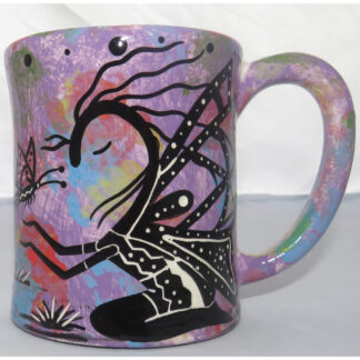 Image of Mana Pottery E-mug featuring the Peyote Guardian Spirit on one side and a yucca plant on the reverse,all on a lavender mix background.