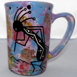 Image showing Mana Pottery Large Mug featuring Kokopelli on lavendar and blue mix. Reverse shows yucca plant.
