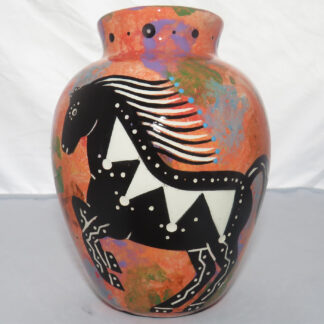 Image of Mana Pottery Six Inch Vase featuring magnificent horse on flame orange with desert plants on reverse.