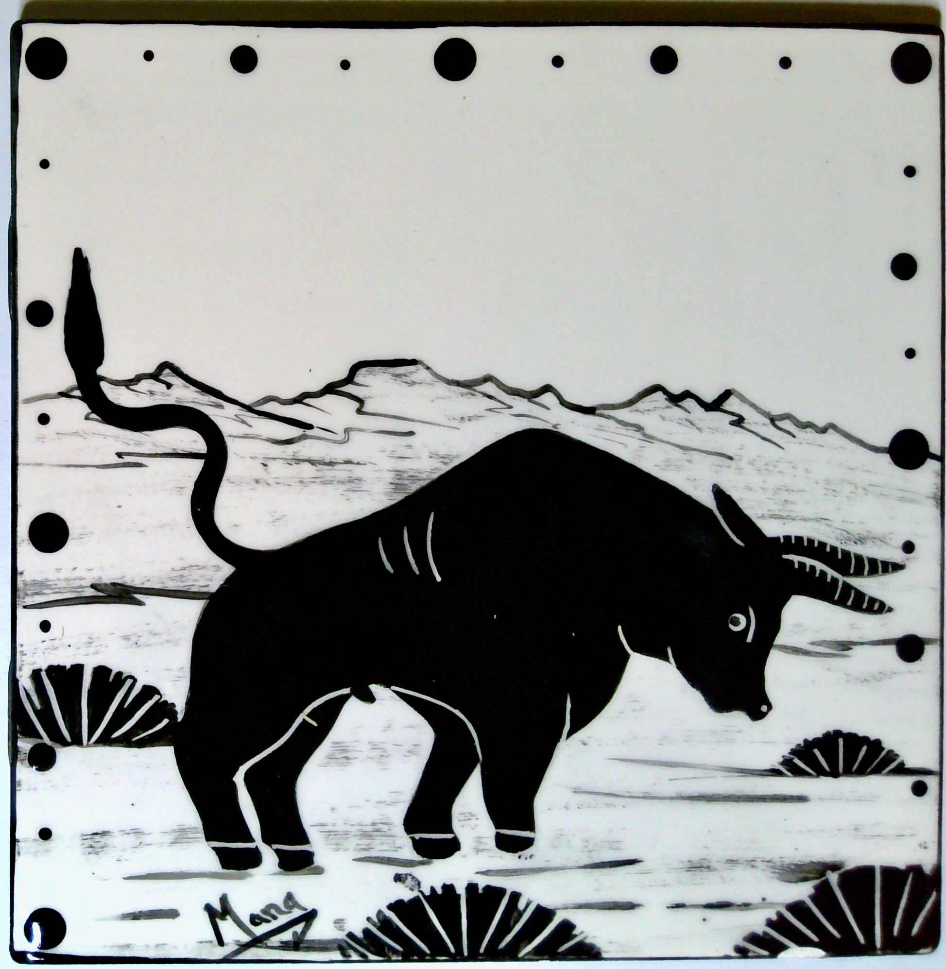 Tile with Bull on White