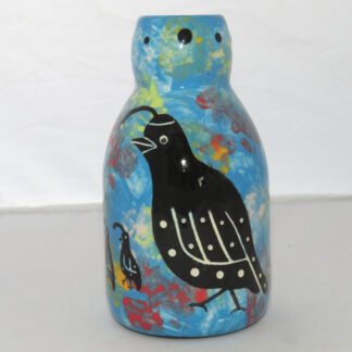 Mana Bottle Vase with Quail Family on Turquoise Blue