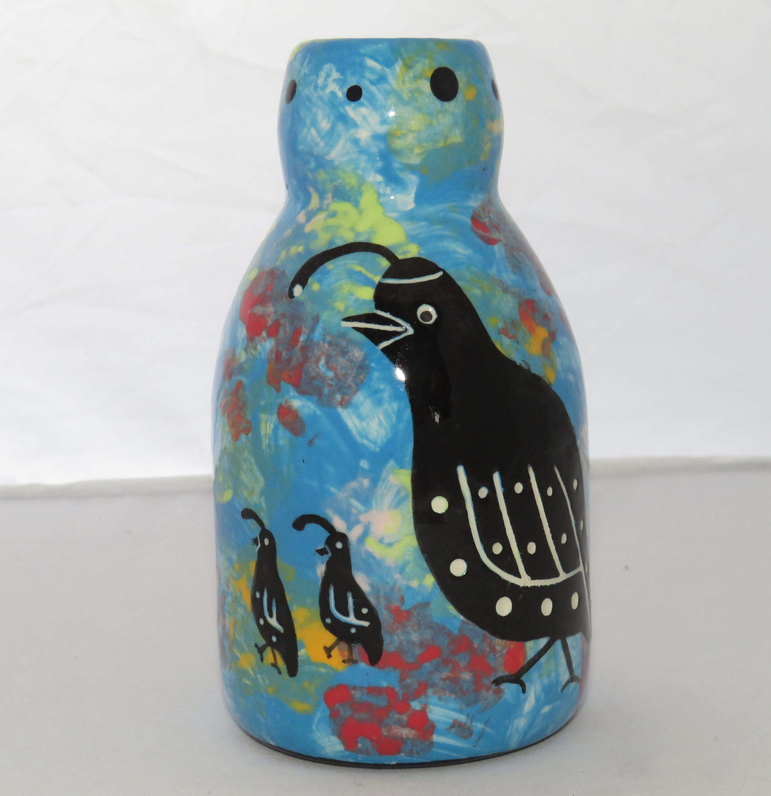 Mana Bottle Vase with Quail Family on Turquoise Blue - Image 2