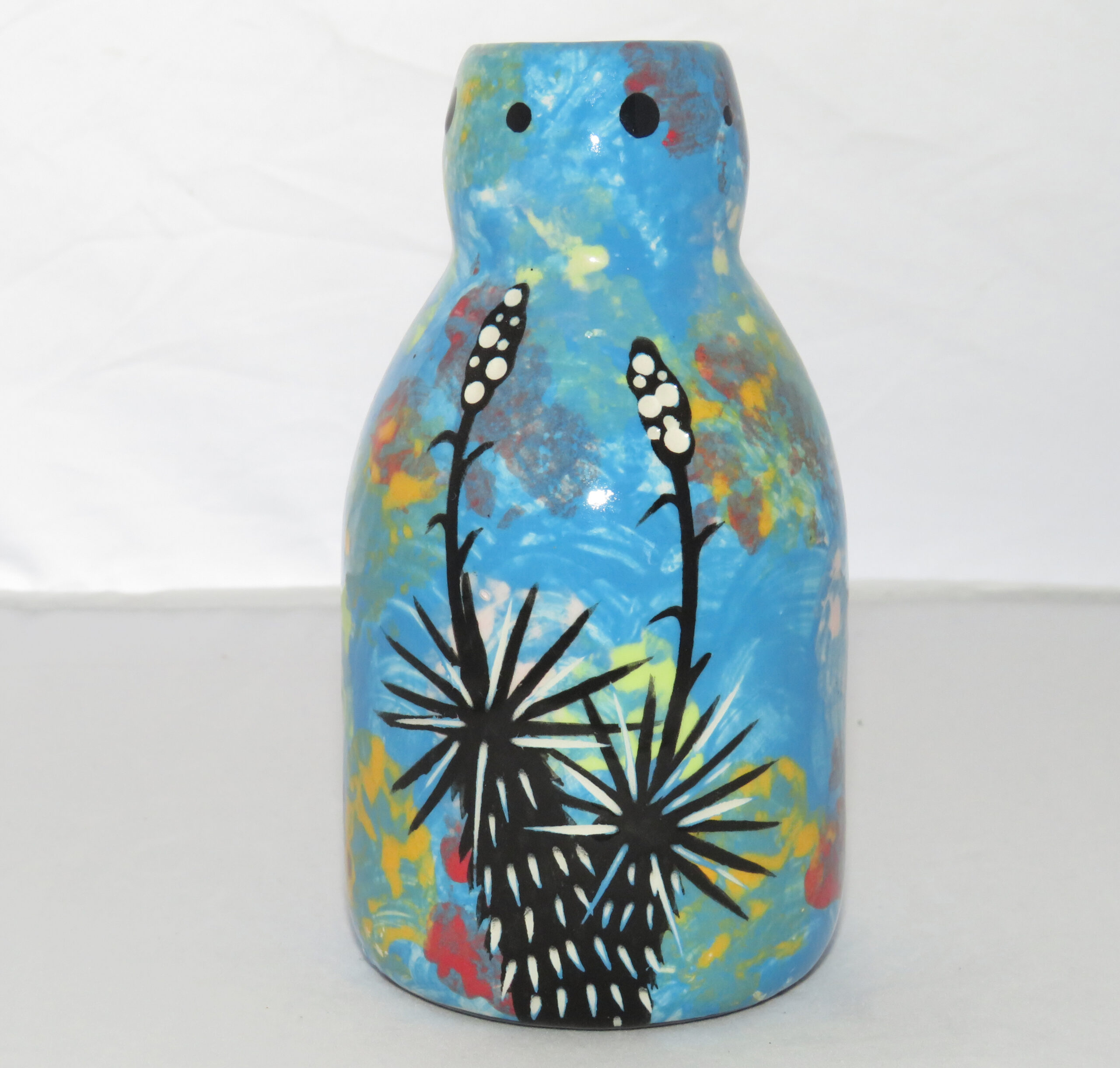 Mana Bottle Vase with Quail Family on Turquoise Blue - Image 3